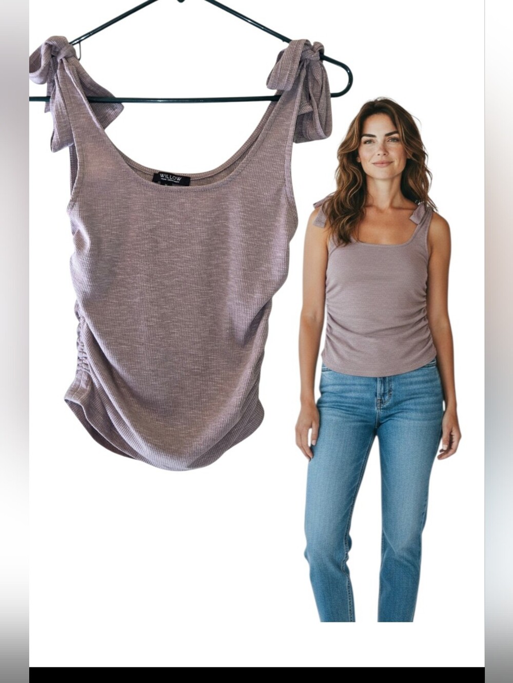 Willow Ribbed Tie Strap Tank Top Taupe Ruched Side Medium